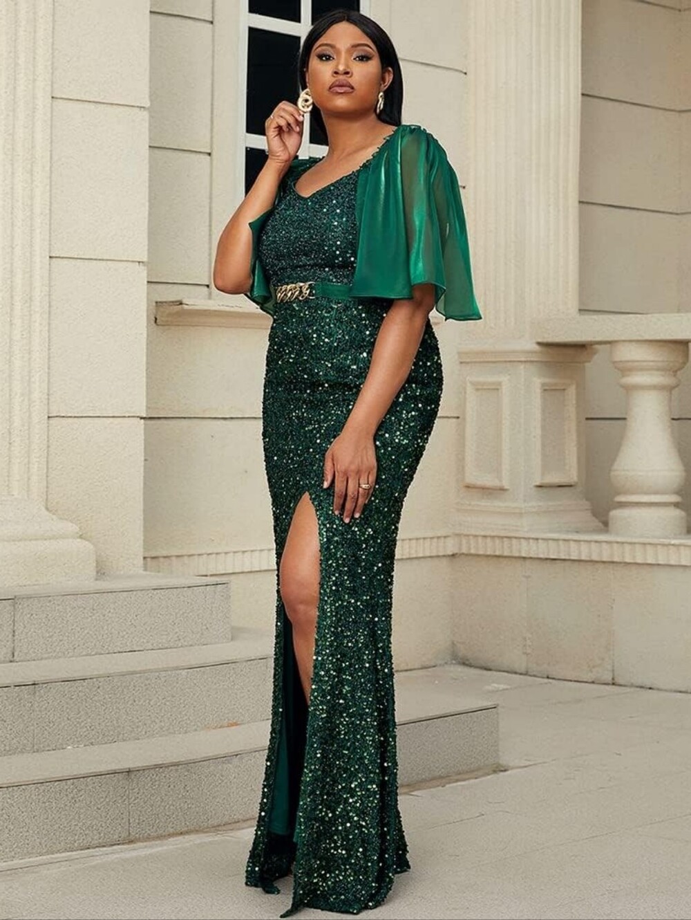 NWT Elegant Emerald Green Sequin Evening Gown with Capelet, 3XL